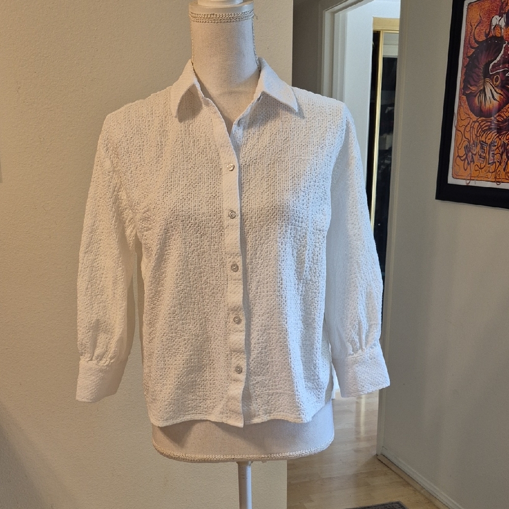 Talbots White Textured Button-Up Blouse